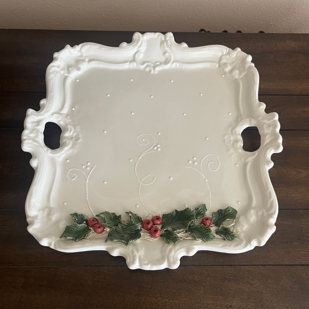 Beautiful Glass Serving Platter Tray with Handles - Holly & Ivy - NWOT